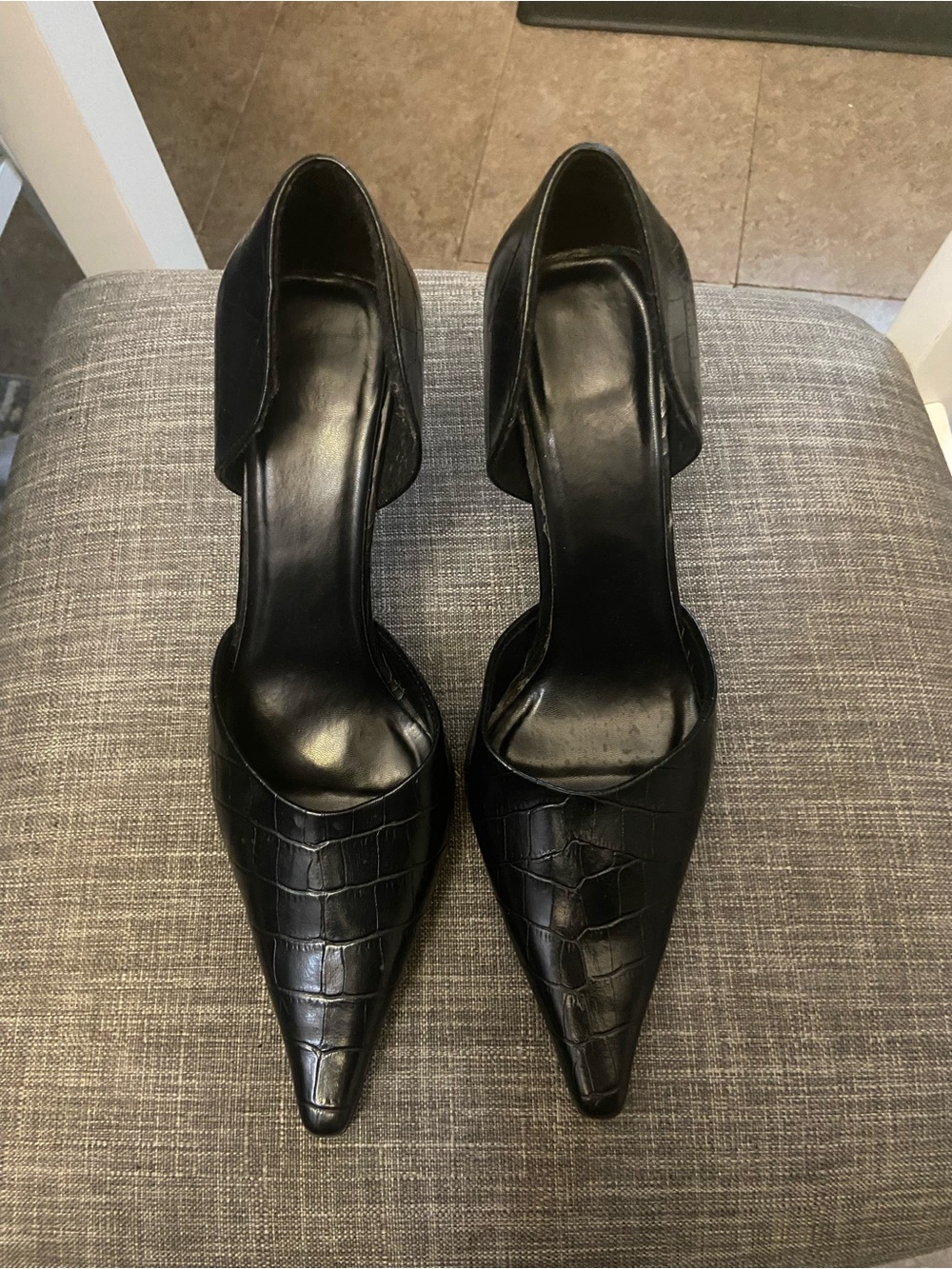 Pointed Croc-Embossed D'Orsay Heels in Black